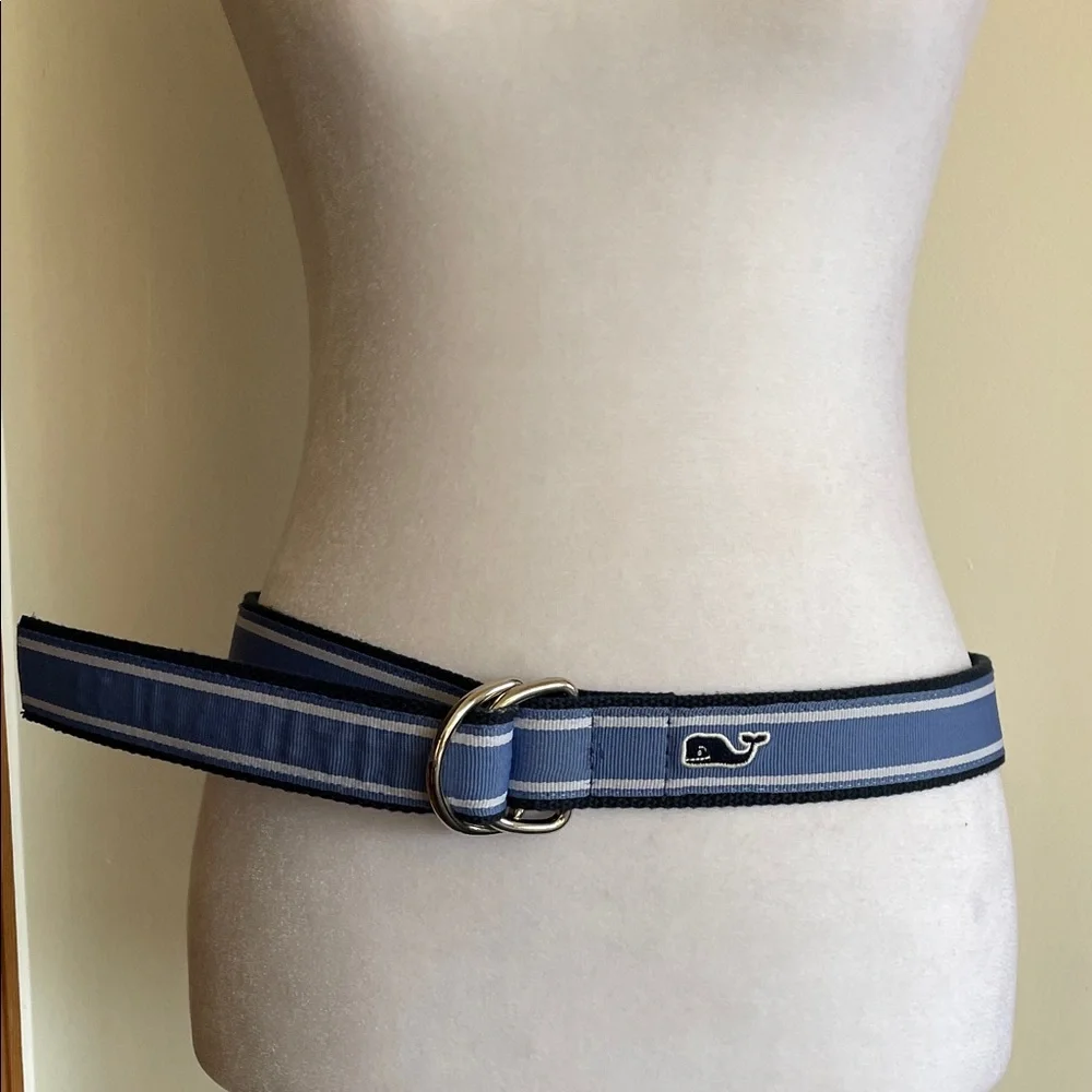 VINEYARD VINES D-Ring Webbed Cotton Navy and Light Blue Stripe Belt M